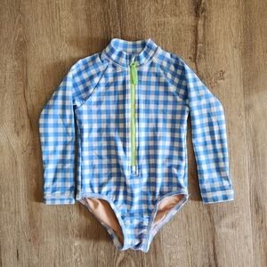 Crewcuts Girls Blue Check Plaid Rash Guard Long Sleeve One Piece Swimsuit Size 2